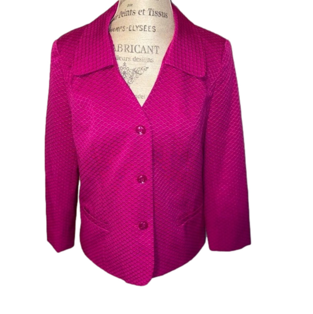 2/$30 Vtg Liz Baker Hot Pink Textured 3 Button Blazer w Pockets Size 8